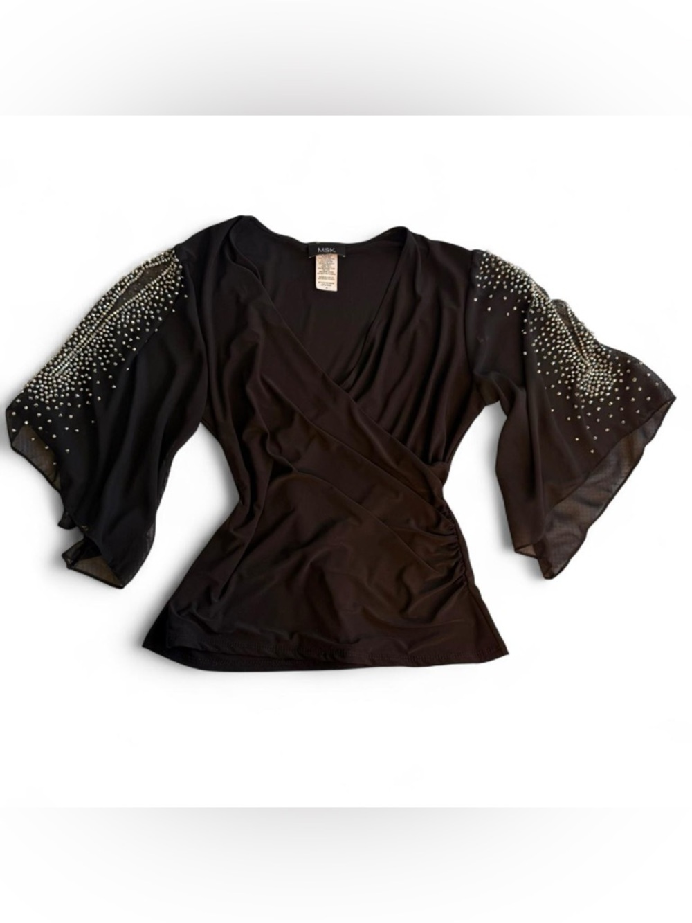 MSK Black Rhinestone-Embellished Wrap Blouse with Sheer Sleeves - M